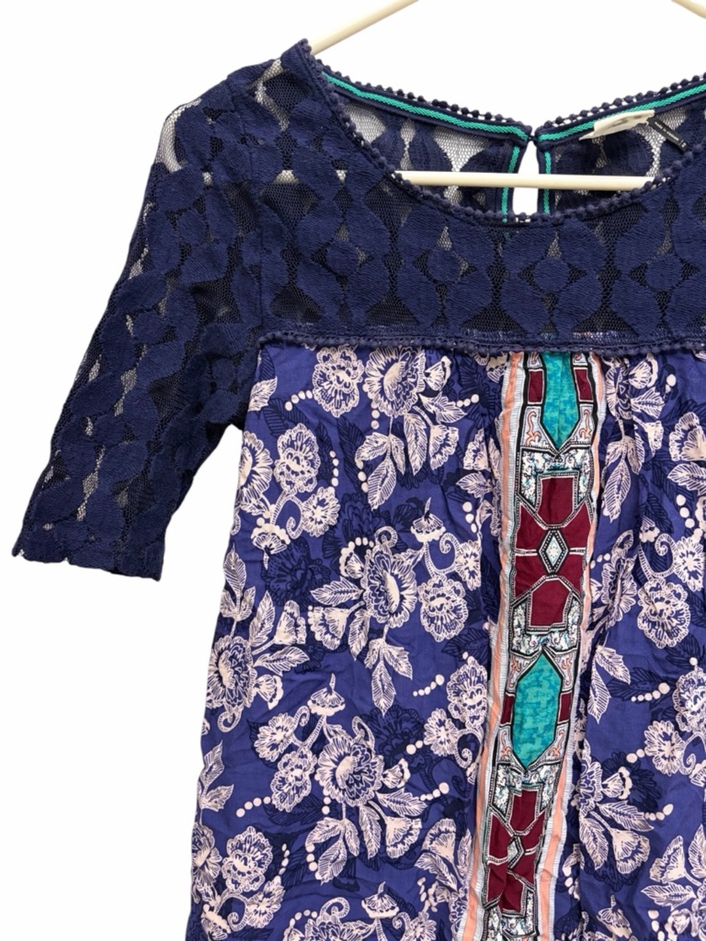 Akemi + Kin Anthropologie Lace Yoke Boho Blouse XS Navy Floral Mixed Print